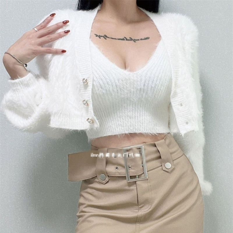 Σετ δύο τεμαχίων βελούδινο γιλέκο σπαγγέτι με λουρί + μακρυμάνικη πλεκτή ζακέτα 2023 Spring Milk Cashmere Cardigan Sueters De Mujer