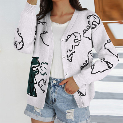 Harajuku Dinosaur Pattern Πλεκτή Ζακέτα Γυναικεία κινούμενα σχέδια Φαρδύ μακρυμάνικο V-λαιμόκοψη Y2K πουλόβερ Sueters 2023 Ανοιξιάτικα ρούχα