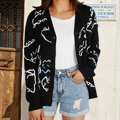 Harajuku Dinosaur Pattern Πλεκτή Ζακέτα Γυναικεία κινούμενα σχέδια Φαρδύ μακρυμάνικο V-λαιμόκοψη Y2K πουλόβερ Sueters 2023 Ανοιξιάτικα ρούχα