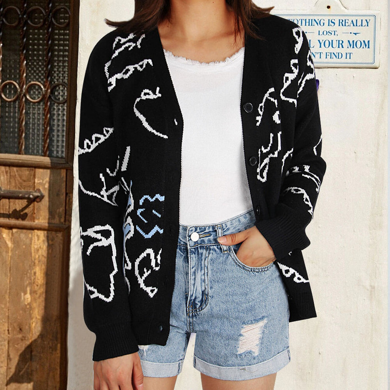 Harajuku Dinosaur Pattern Πλεκτή Ζακέτα Γυναικεία κινούμενα σχέδια Φαρδύ μακρυμάνικο V-λαιμόκοψη Y2K πουλόβερ Sueters 2023 Ανοιξιάτικα ρούχα