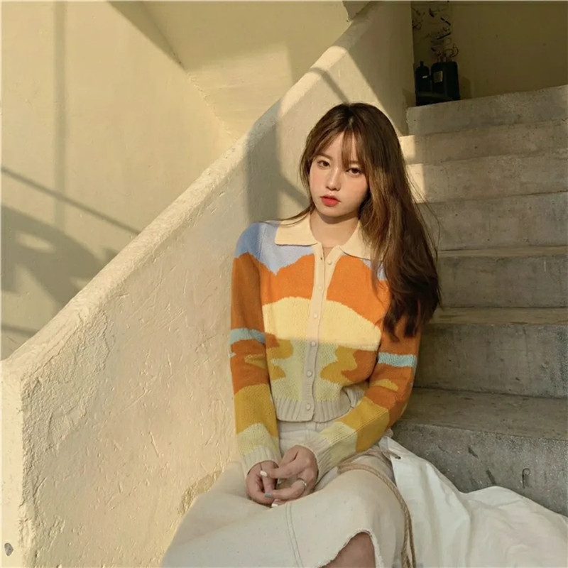 Vintage kärbitud kardigan Naiste Korea mood Sügisoranž pikkade varrukatega üherealine kudum Naiste kampsunid sueters de mujer
