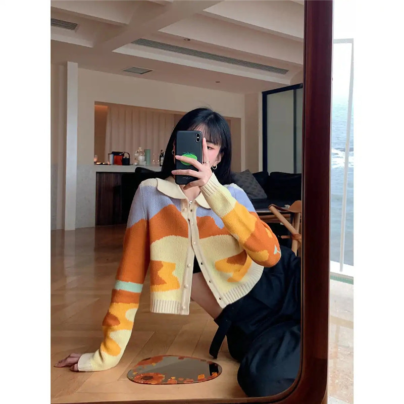 Vintage kärbitud kardigan Naiste Korea mood Sügisoranž pikkade varrukatega üherealine kudum Naiste kampsunid sueters de mujer