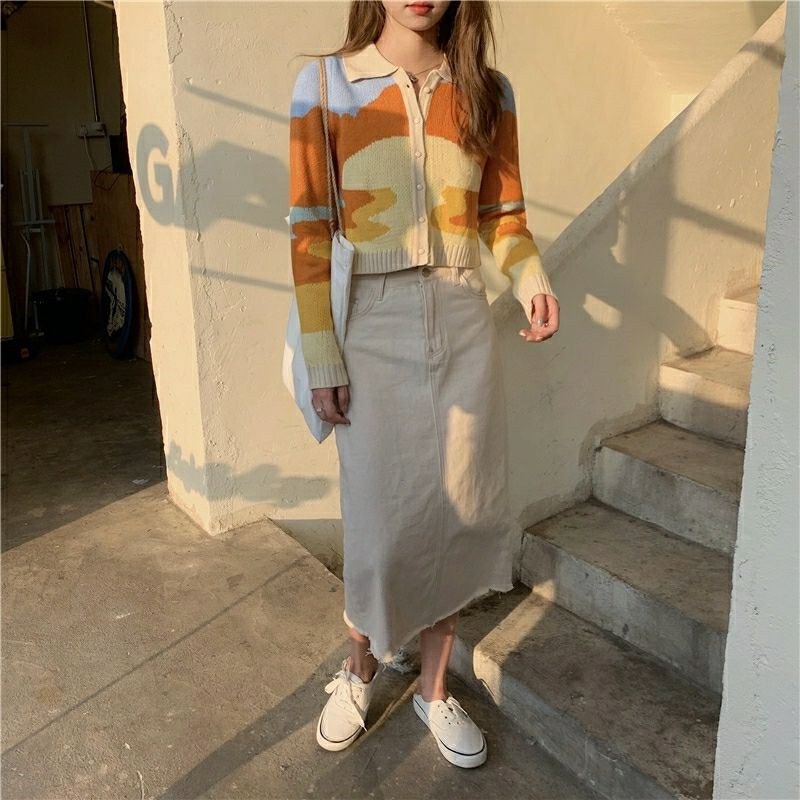 Vintage kärbitud kardigan Naiste Korea mood Sügisoranž pikkade varrukatega üherealine kudum Naiste kampsunid sueters de mujer