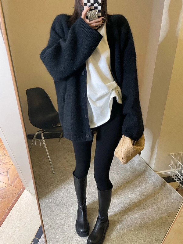 Preveliki kardigan u korejskom stilu smeđe boje kave Ženski džepni kardigan s jednim kopčanjem Jesen Zima Pletiva V-izrez