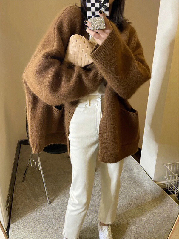 Preveliki kardigan u korejskom stilu smeđe boje kave Ženski džepni kardigan s jednim kopčanjem Jesen Zima Pletiva V-izrez