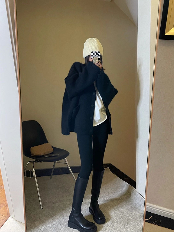 Preveliki kardigan u korejskom stilu smeđe boje kave Ženski džepni kardigan s jednim kopčanjem Jesen Zima Pletiva V-izrez