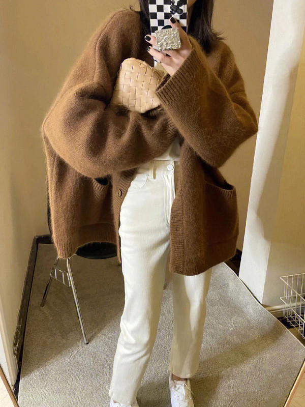 Preveliki kardigan u korejskom stilu smeđe boje kave Ženski džepni kardigan s jednim kopčanjem Jesen Zima Pletiva V-izrez