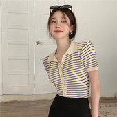Poole varrukaga, allapoole suunatud krae triibuline suvine tõmme Femme mitmekülgse nööbiga American Retro Slim Fit kootud kardigan naiste kampsunid