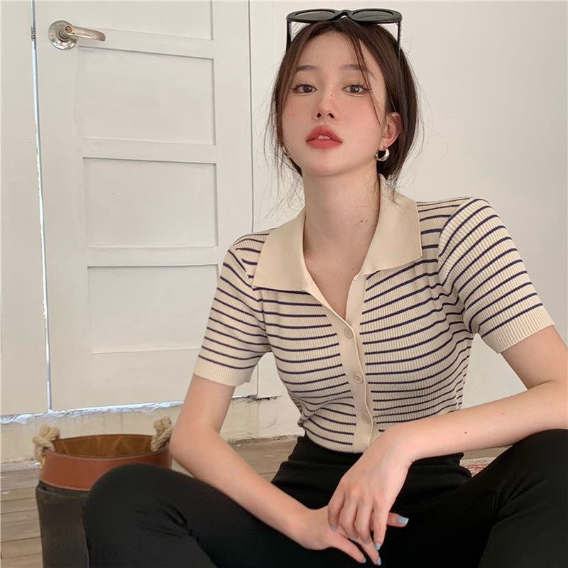 Γυναικεία πουλόβερ πλεκτή ζακέτα με μισό μανίκι με ριγέ καλοκαιρινά τραβά γυναικεία κουμπιά πολυχρηστικά αμερικανικά ρετρό λεπτή εφαρμογή