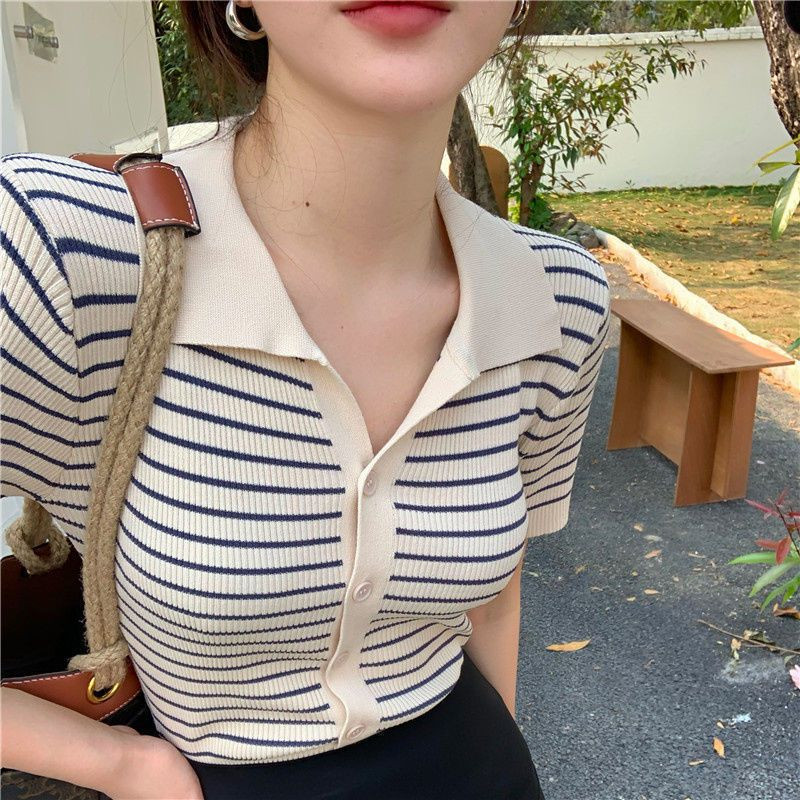 Γυναικεία πουλόβερ πλεκτή ζακέτα με μισό μανίκι με ριγέ καλοκαιρινά τραβά γυναικεία κουμπιά πολυχρηστικά αμερικανικά ρετρό λεπτή εφαρμογή