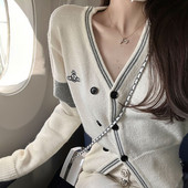 V-kaelusega õhuke pikkade varrukatega tikandid Kardigan Mujer Crop Tops Kootud lühikesed Korea kõrge vöökohaga Y2k Preppy stiilis naiste kampsunid