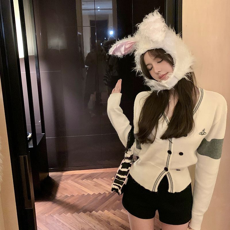 V-kaelusega õhuke pikkade varrukatega tikandid Kardigan Mujer Crop Tops Kootud lühikesed Korea kõrge vöökohaga Y2k Preppy stiilis naiste kampsunid