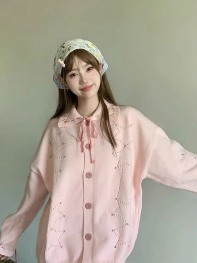 Slatka vesta na vezanje Pletene majice Gilet Femme Kawaii ženski zvjezdani povez Ružičasti kardigan s otvorenim ovratnikom Y2k Japanski stil