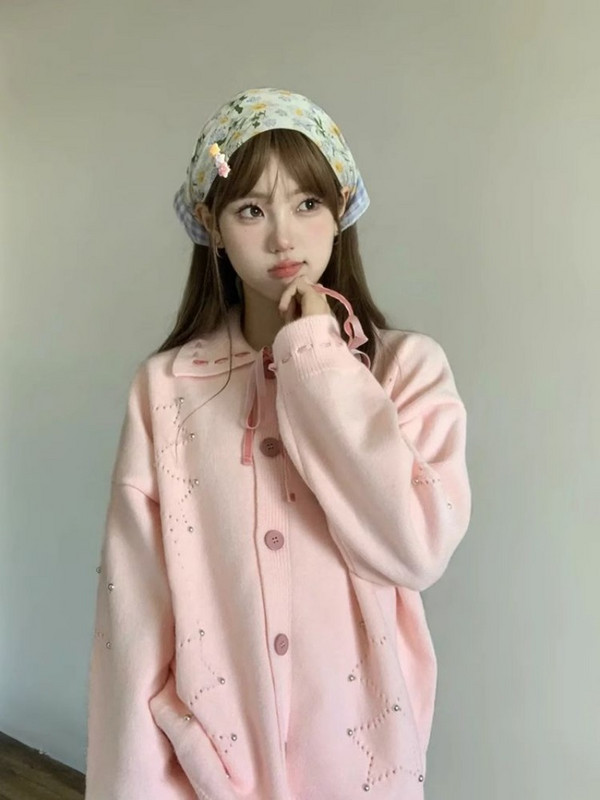 Slatka vesta na vezanje Pletene majice Gilet Femme Kawaii ženski zvjezdani povez Ružičasti kardigan s otvorenim ovratnikom Y2k Japanski stil