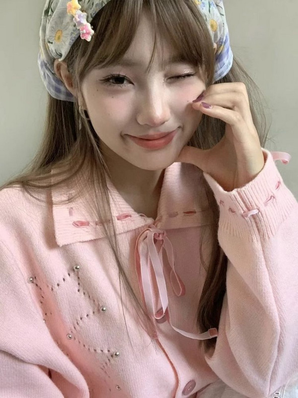 Slatka vesta na vezanje Pletene majice Gilet Femme Kawaii ženski zvjezdani povez Ružičasti kardigan s otvorenim ovratnikom Y2k Japanski stil