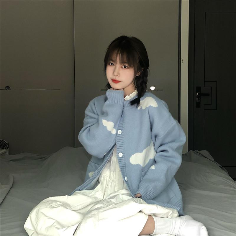 Korean Chic Vintage kardigani Ženski kawaii oblak plavi print Y2k Sueter Mujer Pleteni kaputi dugih rukava Slatki džemperi široki