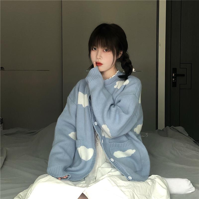 Korean Chic Vintage kardigani Ženski kawaii oblak plavi print Y2k Sueter Mujer Pleteni kaputi dugih rukava Slatki džemperi široki