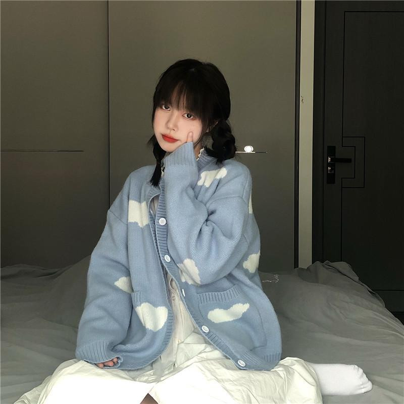 Korean Chic Vintage kardigani Ženski kawaii oblak plavi print Y2k Sueter Mujer Pleteni kaputi dugih rukava Slatki džemperi široki