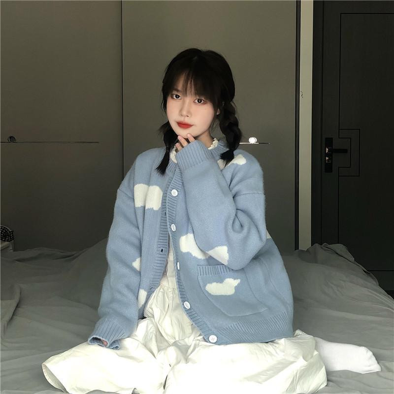Korean Chic Vintage kardigani Ženski kawaii oblak plavi print Y2k Sueter Mujer Pleteni kaputi dugih rukava Slatki džemperi široki