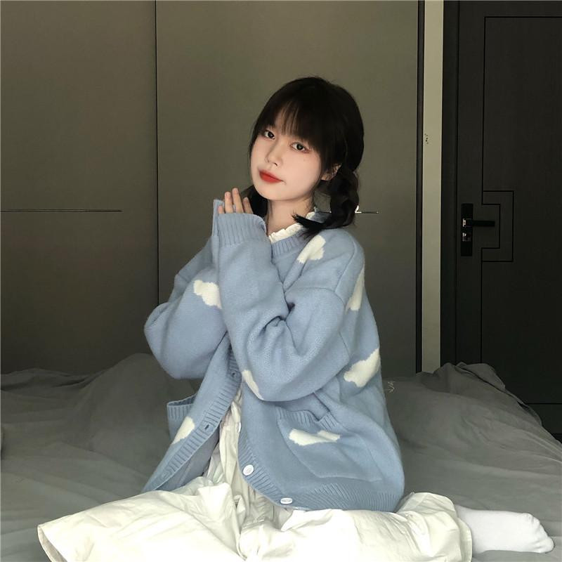 Korean Chic Vintage kardigani Ženski kawaii oblak plavi print Y2k Sueter Mujer Pleteni kaputi dugih rukava Slatki džemperi široki