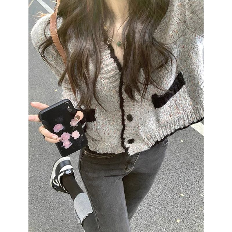 Labave kratke veste, ženske elegantne duge rukave, sivi kardigan s V izrezom Ležerne pletene majice Y2k korejski Sueters Mujer