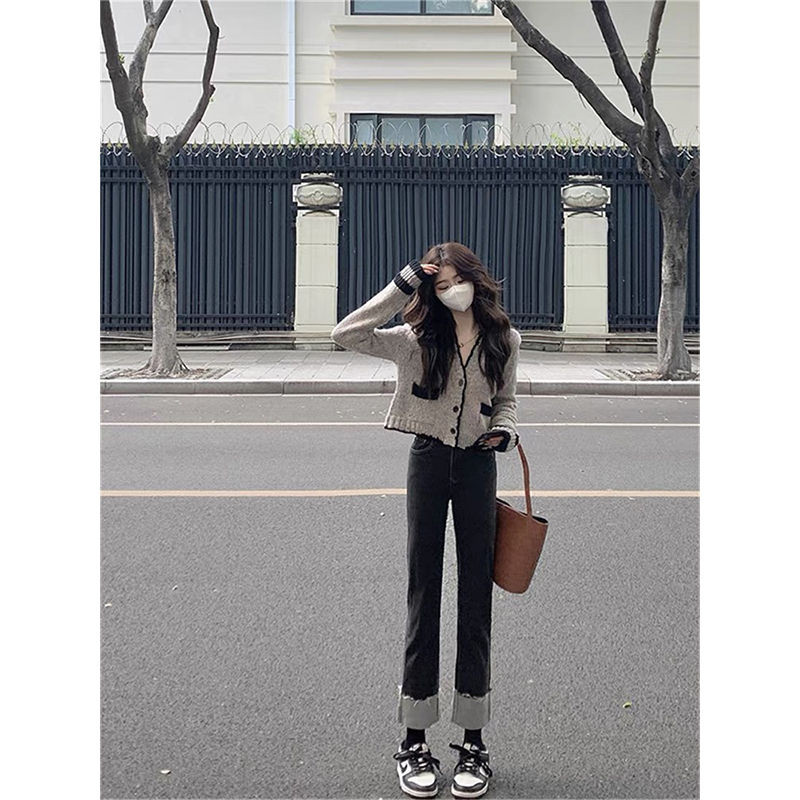 Labave kratke veste, ženske elegantne duge rukave, sivi kardigan s V izrezom Ležerne pletene majice Y2k korejski Sueters Mujer