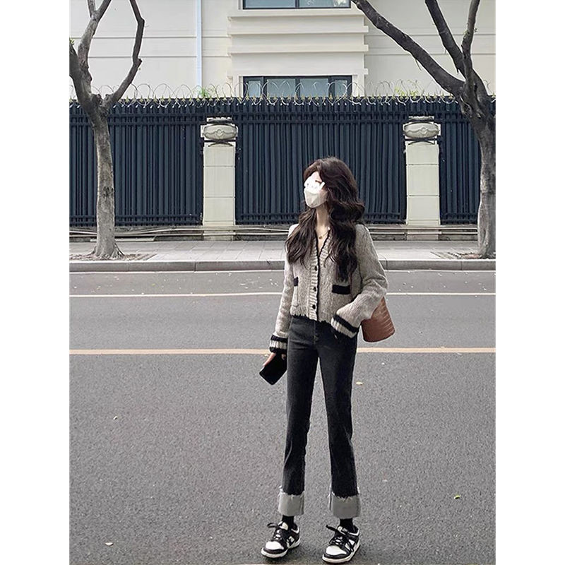 Labave kratke veste, ženske elegantne duge rukave, sivi kardigan s V izrezom Ležerne pletene majice Y2k korejski Sueters Mujer