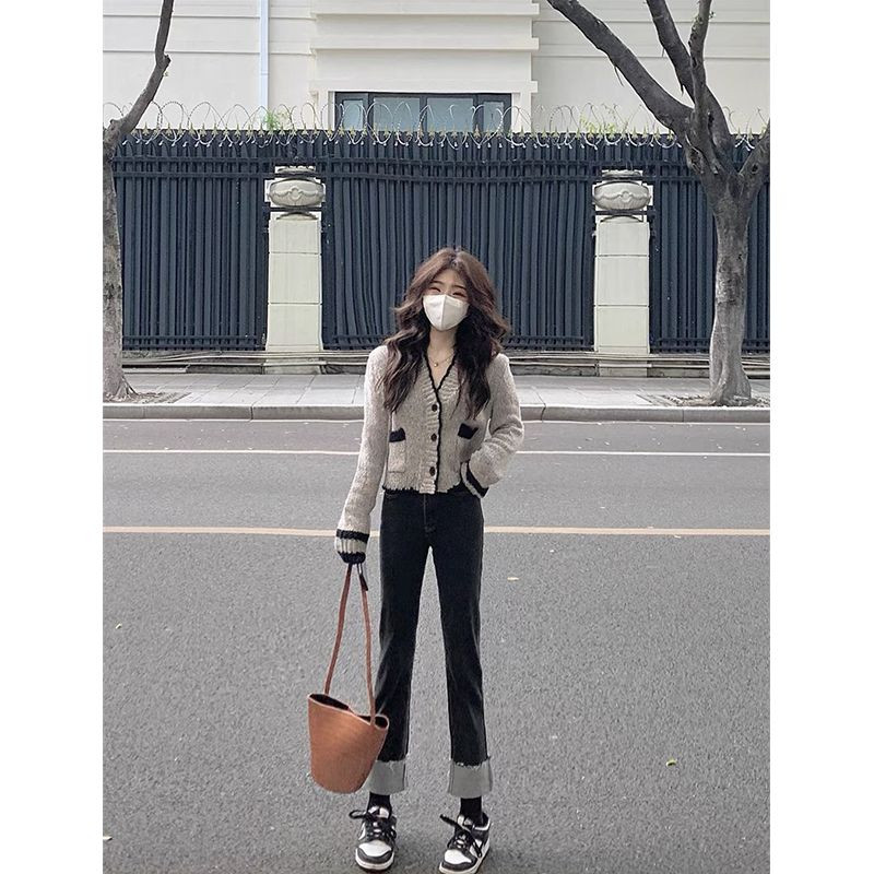 Labave kratke veste, ženske elegantne duge rukave, sivi kardigan s V izrezom Ležerne pletene majice Y2k korejski Sueters Mujer