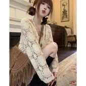 Čipkasti izdubljeni američki starinski pulover Ženski kardigan, pleteni V-izrez, ljetni dugi rukavi, kratki kaputi za zaštitu od sunca Y2k široki