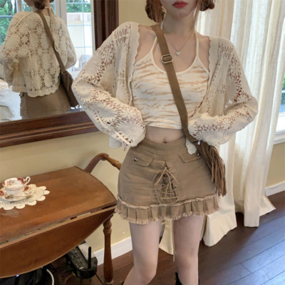 Čipkasti izdubljeni američki starinski pulover Ženski kardigan, pleteni V-izrez, ljetni dugi rukavi, kratki kaputi za zaštitu od sunca Y2k široki