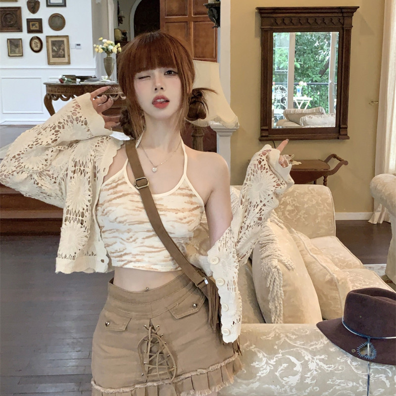 Čipkasti izdubljeni američki starinski pulover Ženski kardigan, pleteni V-izrez, ljetni dugi rukavi, kratki kaputi za zaštitu od sunca Y2k široki