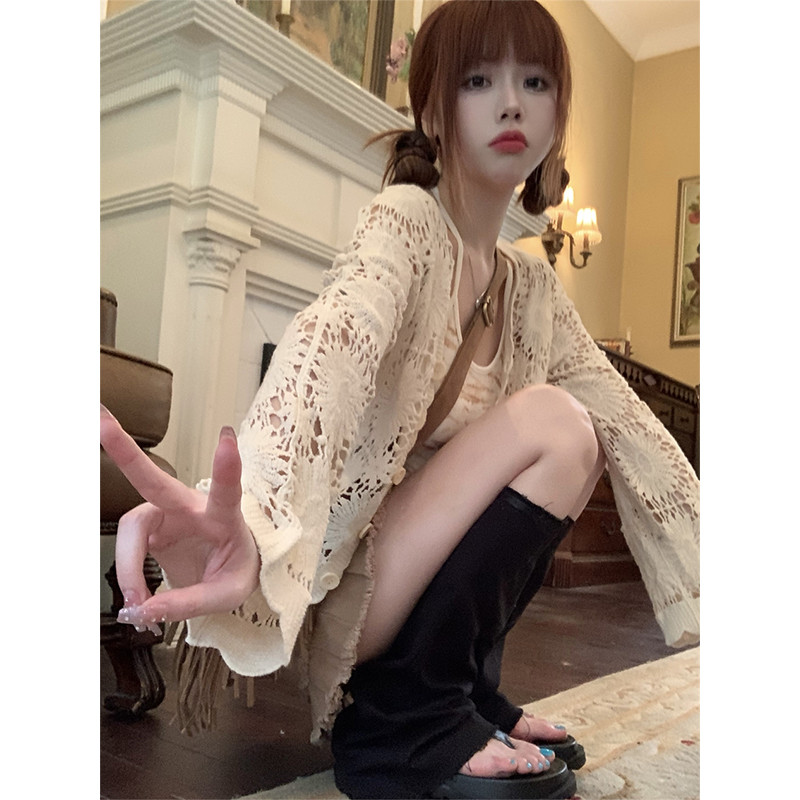 Čipkasti izdubljeni američki starinski pulover Ženski kardigan, pleteni V-izrez, ljetni dugi rukavi, kratki kaputi za zaštitu od sunca Y2k široki