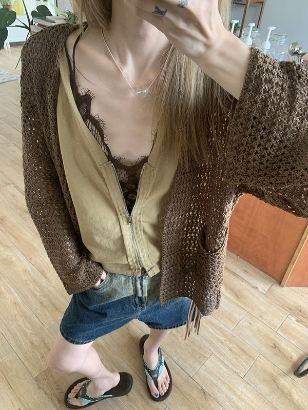 Izdubljeni američki starinski pulover Ženski kardigan pleteni ljetni kaputi dugih rukava za zaštitu od sunca Y2k majice s širokim rupama Sueter
