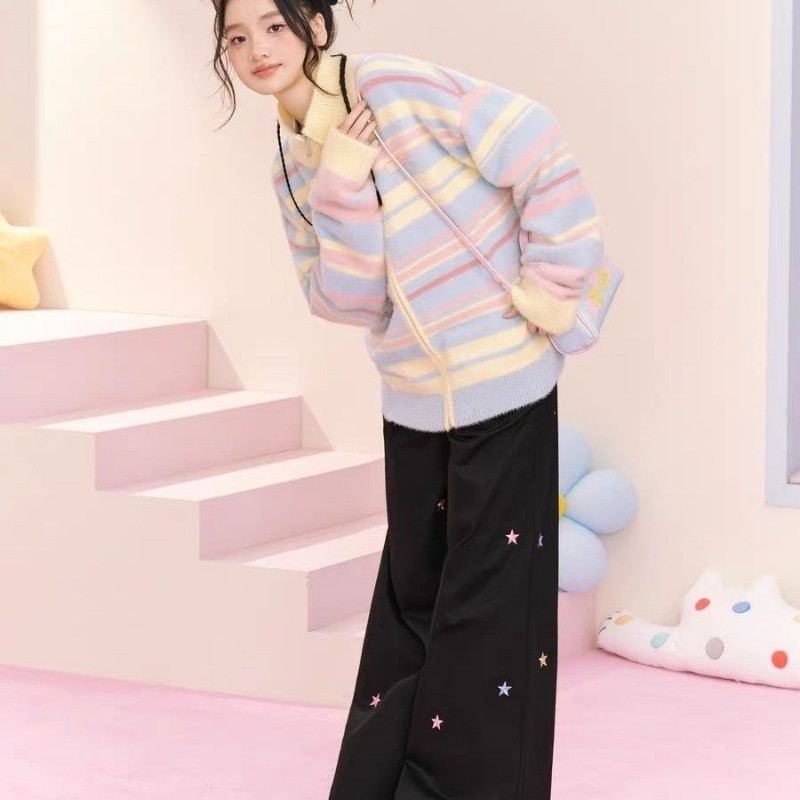 Šareni prugasti kardigan dugih rukava s patentnim zatvaračem i samostojećom kragnom Ženski korejski šik veste široke vintage dugine pletene Y2k odjeće