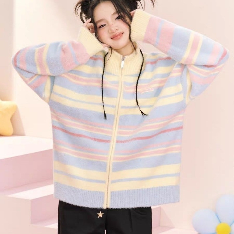 Šareni prugasti kardigan dugih rukava s patentnim zatvaračem i samostojećom kragnom Ženski korejski šik veste široke vintage dugine pletene Y2k odjeće