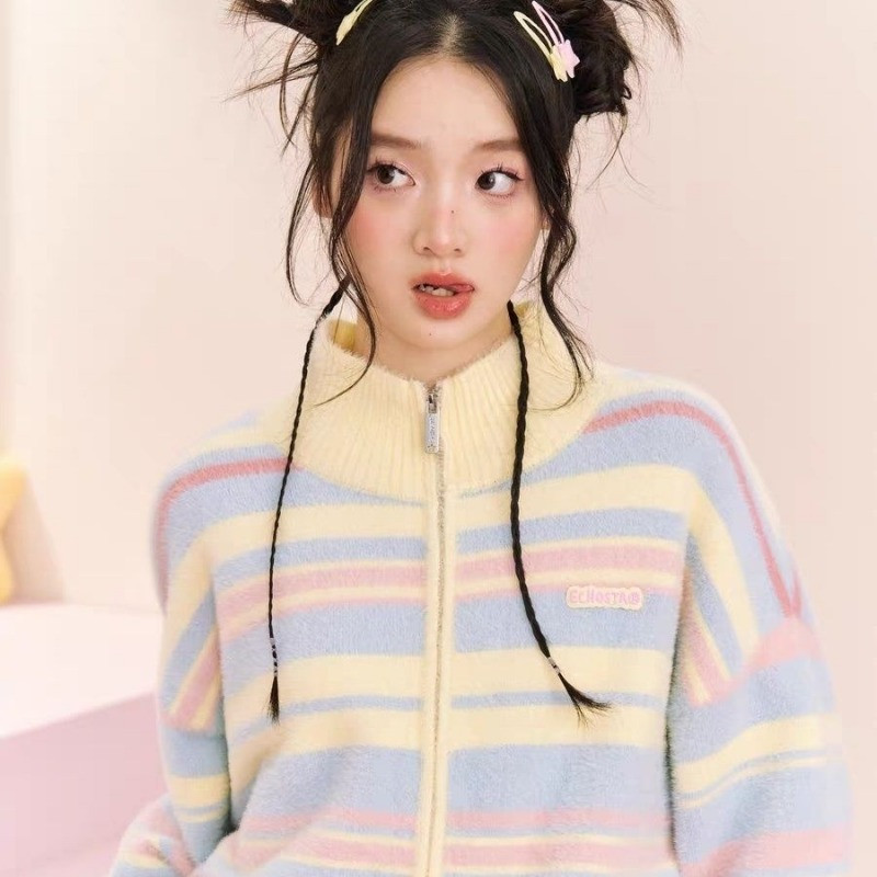 Šareni prugasti kardigan dugih rukava s patentnim zatvaračem i samostojećom kragnom Ženski korejski šik veste široke vintage dugine pletene Y2k odjeće
