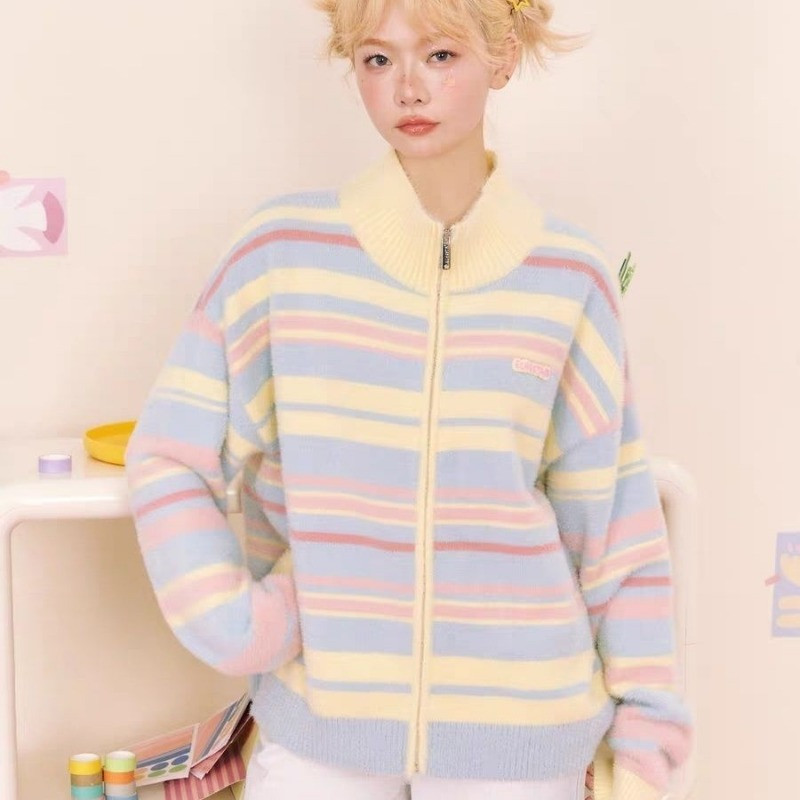 Šareni prugasti kardigan dugih rukava s patentnim zatvaračem i samostojećom kragnom Ženski korejski šik veste široke vintage dugine pletene Y2k odjeće