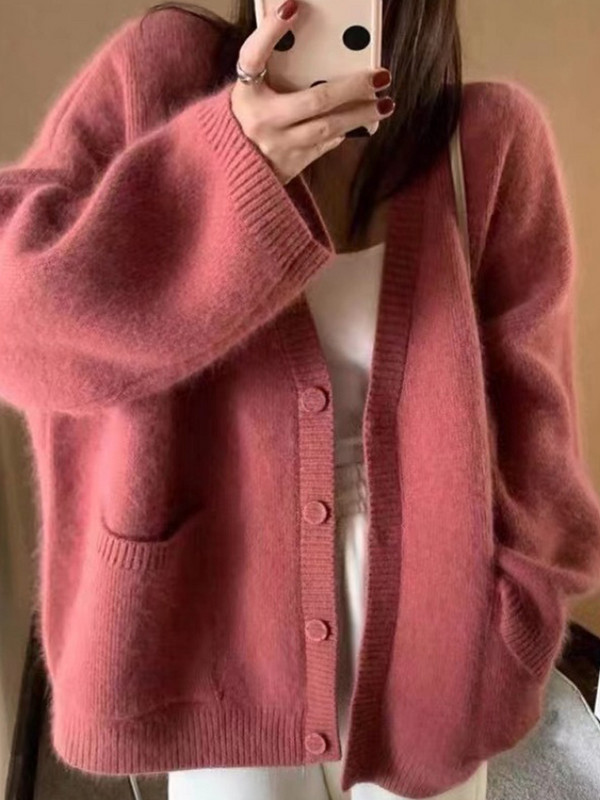 Jednobojni ženski kardigan kaput s jednim kopčanjem Jesen Zima V-izrez dugih rukava Ležerna pletena odjeća Korejski široki ženski gornji dio džempera