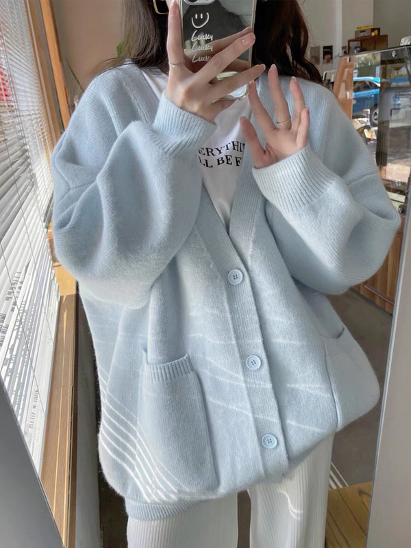 Jednobojni ženski kardigan kaput s jednim kopčanjem Jesen Zima V-izrez dugih rukava Ležerna pletena odjeća Korejski široki ženski gornji dio džempera