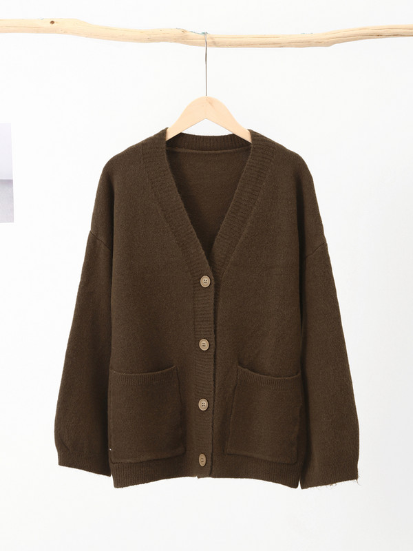 Jednobojni ženski kardigan kaput s jednim kopčanjem Jesen Zima V-izrez dugih rukava Ležerna pletena odjeća Korejski široki ženski gornji dio džempera