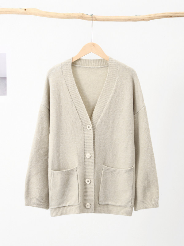 Jednobojni ženski kardigan kaput s jednim kopčanjem Jesen Zima V-izrez dugih rukava Ležerna pletena odjeća Korejski široki ženski gornji dio džempera