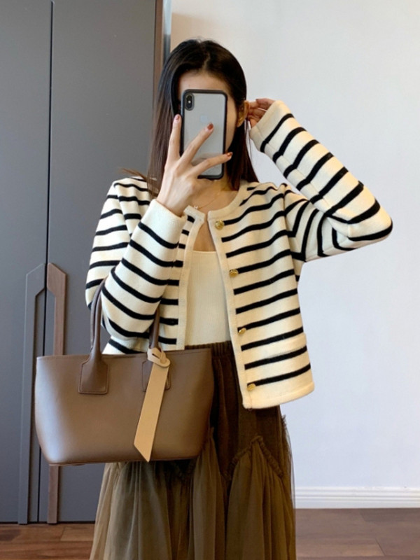 Kardigan Ženski prugasti pleteni jesenski novi, ležerni pulover za lijenost, popularan korejski stil, trendi temperament, ulična odjeća, udoban, rastezljiv
