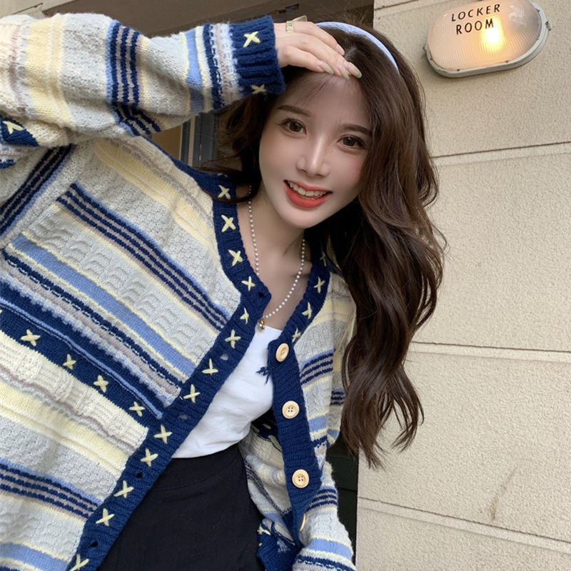 Pleteni kaputi Puloveri s prugama kontrastne boje Vintage visokokvalitetni ženski široki kratki kardigan s O izrezom Elegantan Y2k