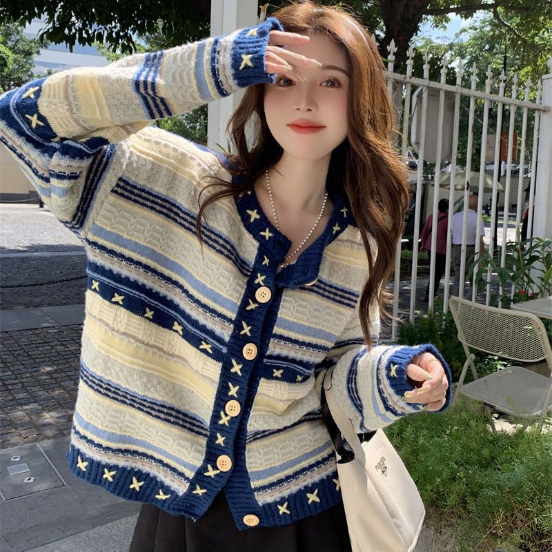 Pleteni kaputi Puloveri s prugama kontrastne boje Vintage visokokvalitetni ženski široki kratki kardigan s O izrezom Elegantan Y2k
