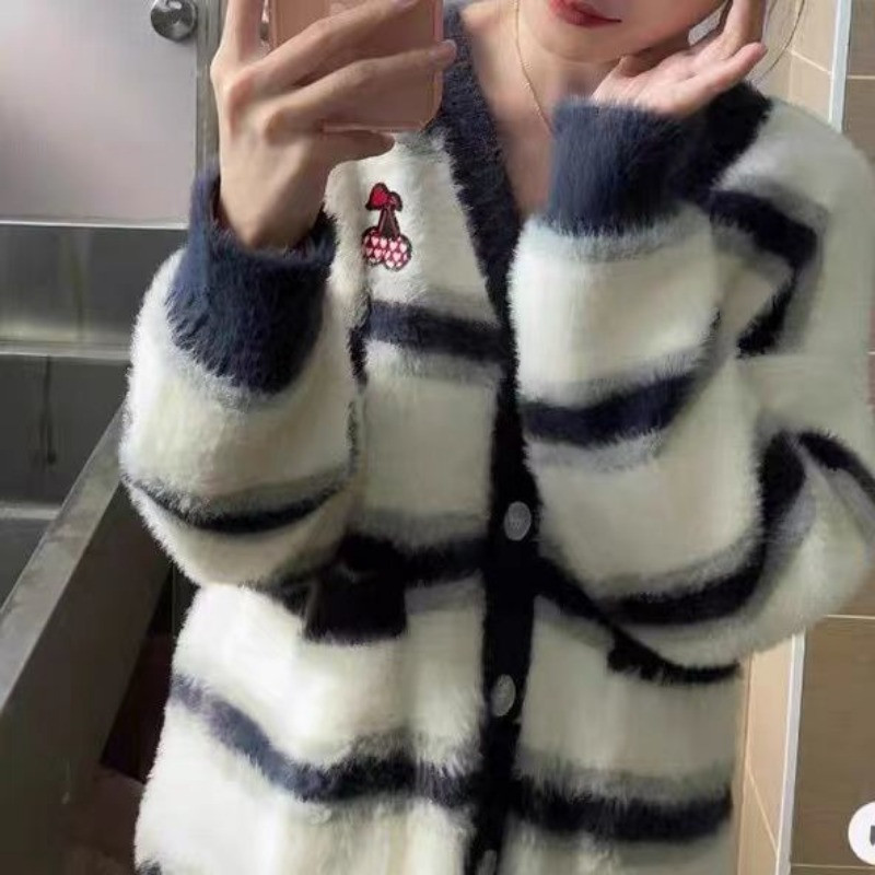 Džemperi u elegantnom stilu Plavi prugasti Jesenski pleteni kaputi s V izrezom Ženski kawaii široki mohari dugih rukava Slatki kardigan Y2k