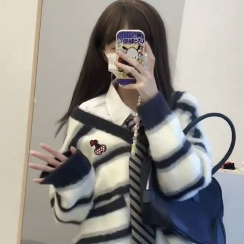 Džemperi u elegantnom stilu Plavi prugasti Jesenski pleteni kaputi s V izrezom Ženski kawaii široki mohari dugih rukava Slatki kardigan Y2k