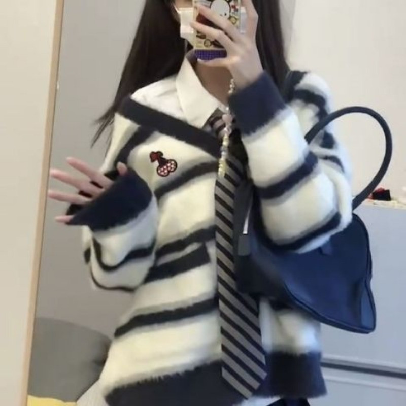 Džemperi u elegantnom stilu Plavi prugasti Jesenski pleteni kaputi s V izrezom Ženski kawaii široki mohari dugih rukava Slatki kardigan Y2k