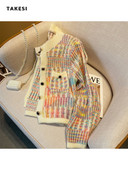 Φθινοπωρινό κορεάτικο vintage χαλαρό ριγέ πλεκτή ζακέτα Γυναικείο πουλόβερ με μακρυμάνικο μικτό χρώμα Μπλούζες με μονό στήθος