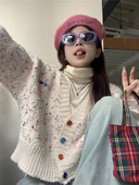 Slatki ženski pulover s ispisom točkica u boji, tanak kardigan s puf rukavima s V-izrezom, jesenski pleteni dizajn u boji, ženski pleteni kaput