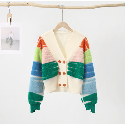 Slatki ženski pulover s ispisom točkica u boji, tanak kardigan s puf rukavima s V-izrezom, jesenski pleteni dizajn u boji, ženski pleteni kaput